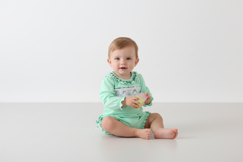 Green Embroidery Ruffle Bubble Onesie