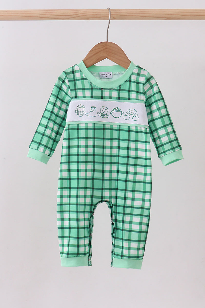 Green Parade Embroidery Gingham Romper