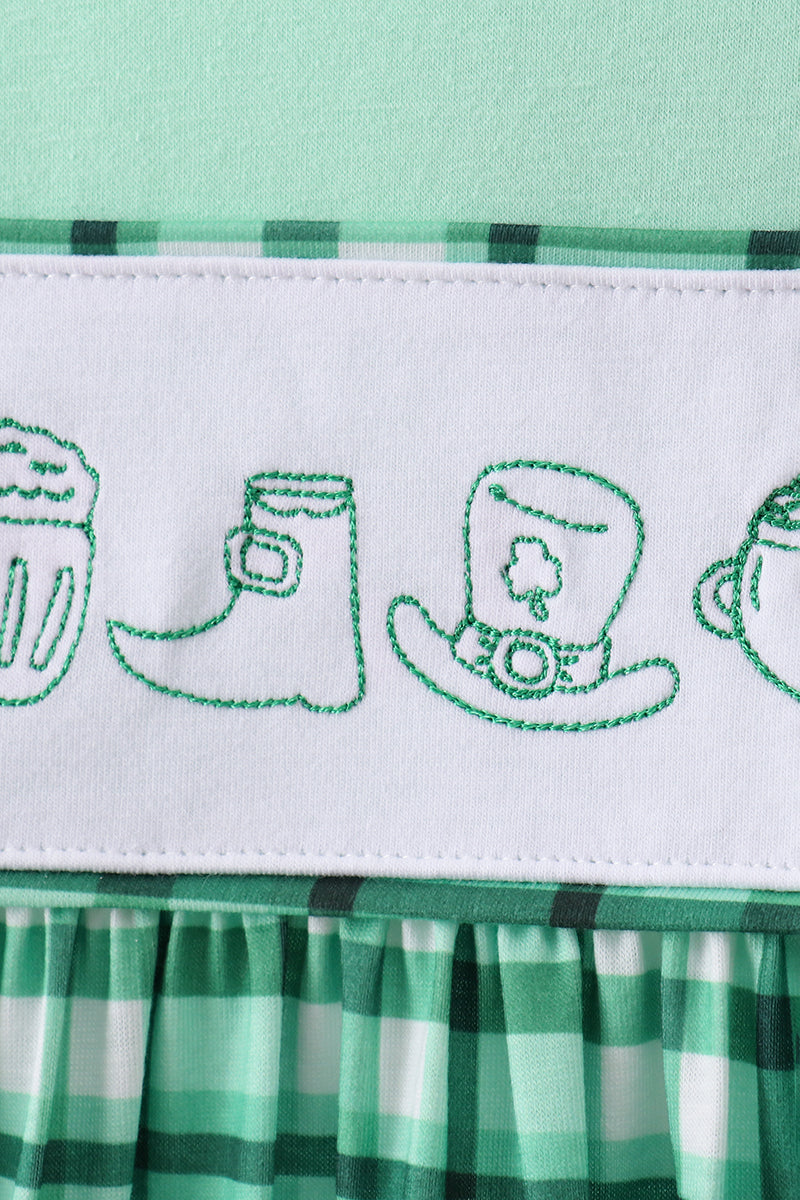 Green Parade Embroidery Gingham Dress