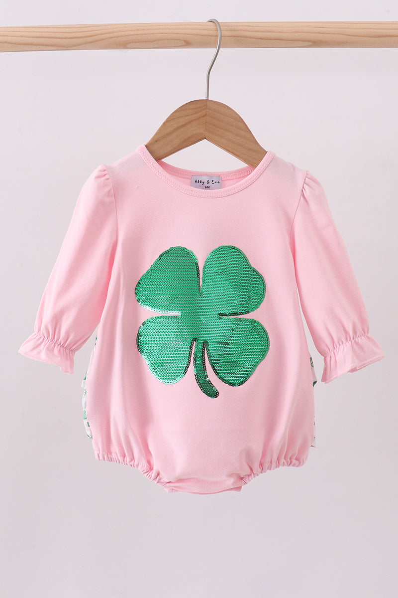 Pink Clover Glitter Ruffle Bubble Onesie