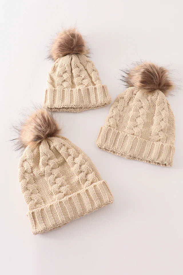 Beige pompom cable beanie hat