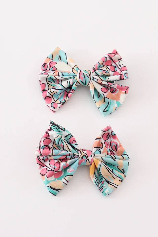 Piggie Hair Bow - Teal Floral Print