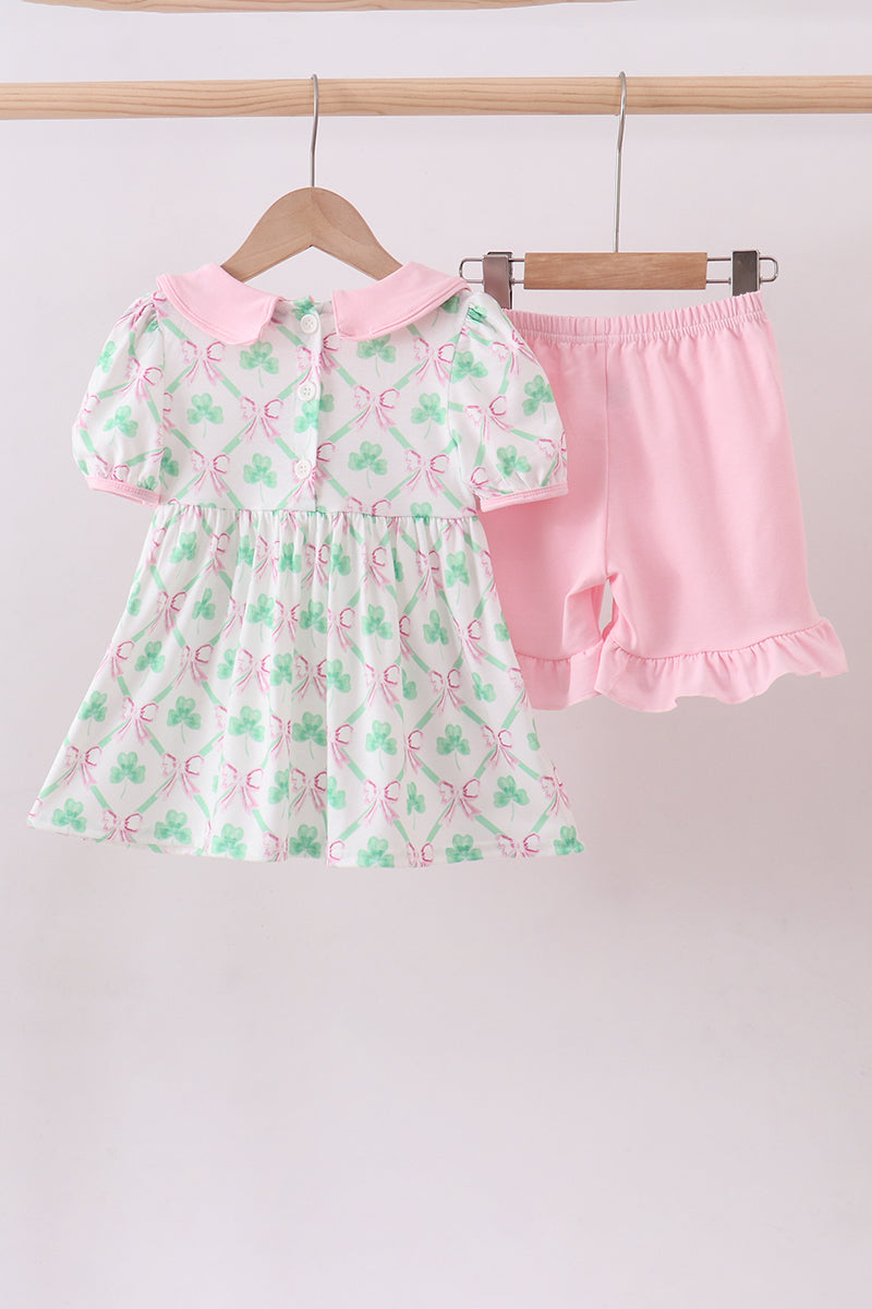 Pink Clover Bow Shorts Set