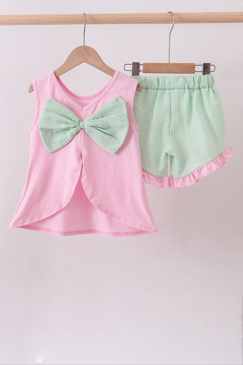 Pink Clover Bow Seersucker Ruffle Shorts