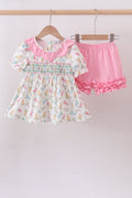 Pink bunny smocked ruffle shorts set