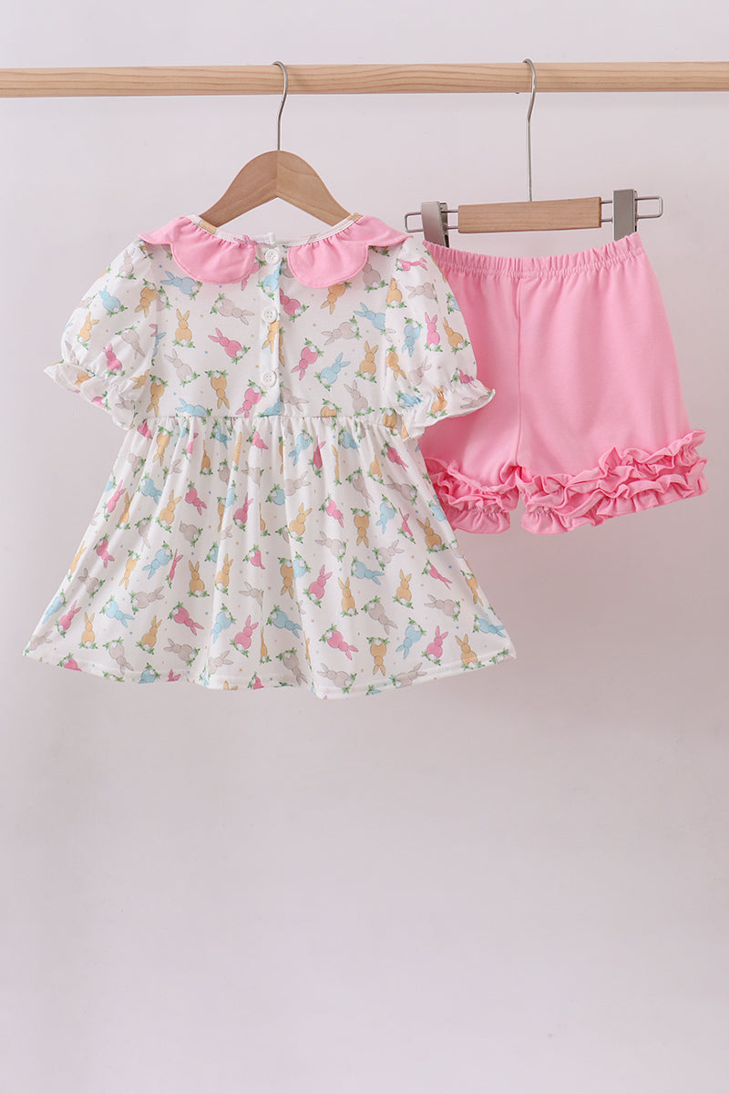Pink bunny smocked ruffle shorts set