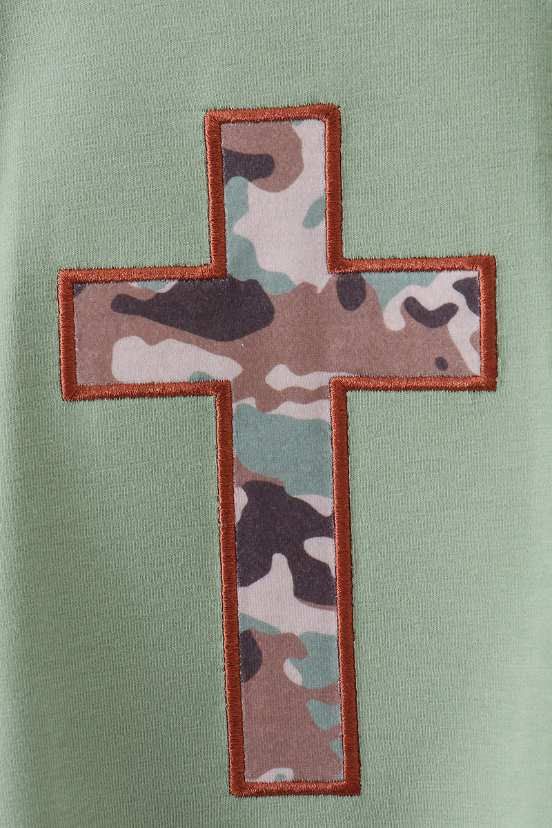 Green camouflage cross applique romper