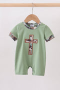 Green camouflage cross applique romper