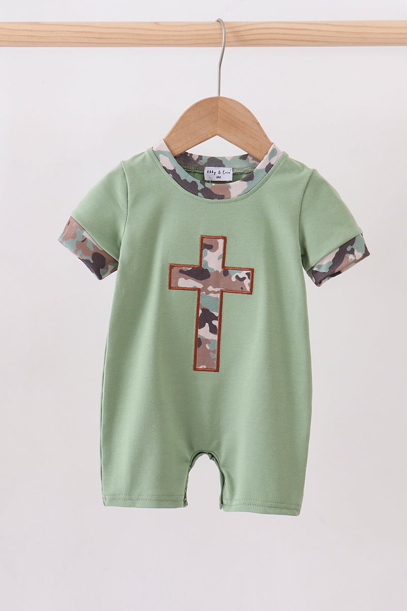Green camouflage cross applique romper