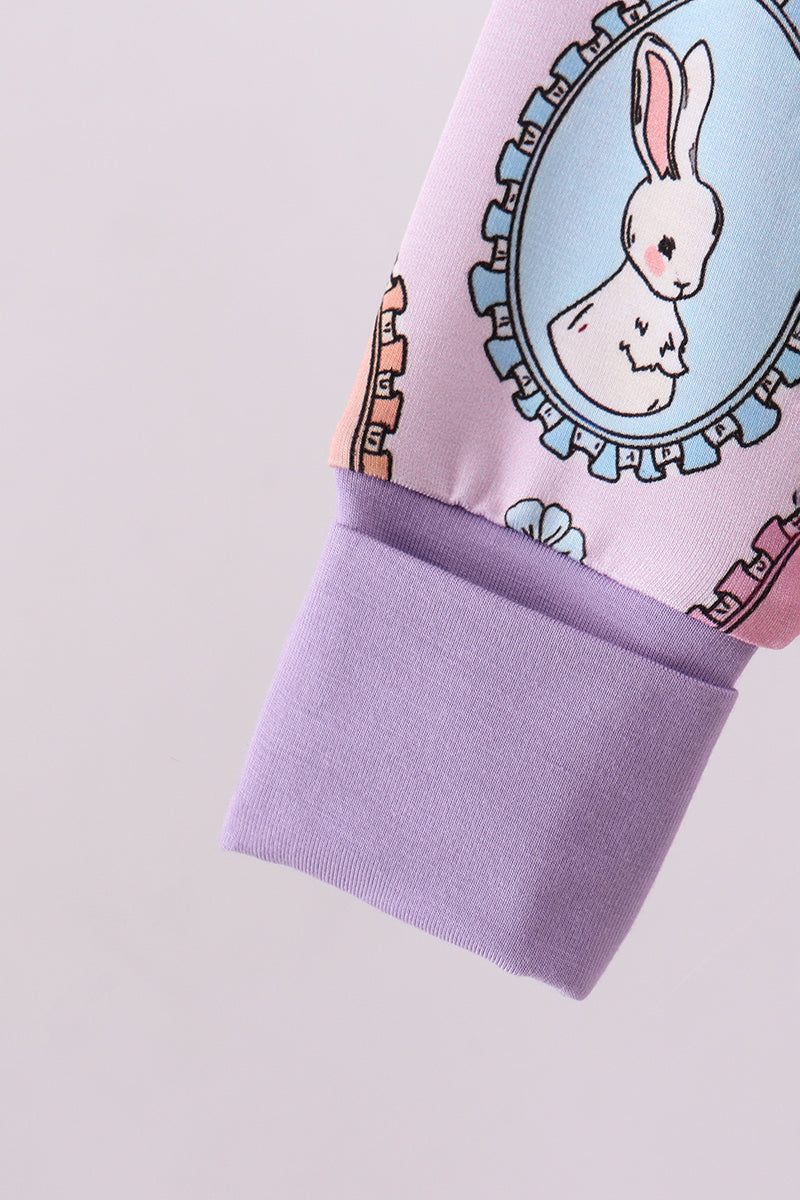 Purple bunny print bamboo zipper romper