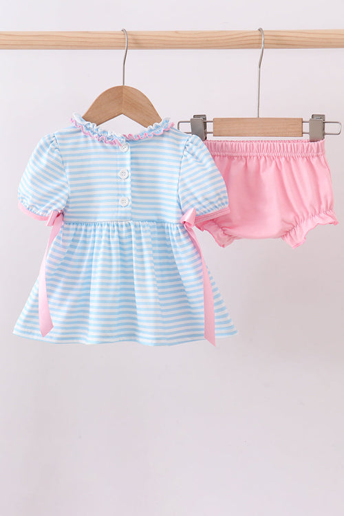 Blue cross embroidery ruffle stripe bloomer set
